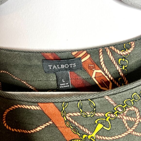 Talbots Olive Green Cotton Equestrian Print Shift Dress Preppy Old Money Sz L - Picture 5 of 7